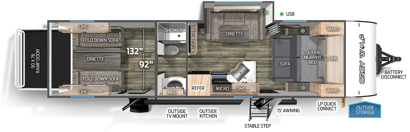 The 27RRBL has one slide out, a rear ramp door, and two entry doors. Exterior features include an outside TV mount, outside kitchen, front stable step entry, 15 foot awning, LP quick connect, outside storage, and battery disconnect. Interior layout front to back: queen murphy bed and sofa with overhead cabinet and wardrobes on each side; off-door side u-dinette slide out; door side entry, peninsula kitchen countertop with sink wraps to door side with overhead cabinet, microwave, cooktop stove and refrigerator; entertainment center along inner wall; split full bathroom with shower and toilet on off-door side, and sink with medicine cabinet on door side; rear cargo area with second entry door, and opposing wall fold down sofas with overhead cabinets, and dinette table. Cargo area measurements: 132 inches from the rear of the trailer to the bathroom wall; 92 inches from the off-door side wall to the door side wall; 90 inch by 76 inch rear ramp door.