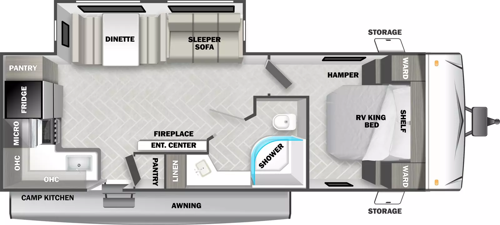 The T2500 has one slideout and one entry. Exterior features front pass through storage, external shower, awning, and camp kitchen with refrigerator and griddle. Interior layout front to back: RV king bed with overhead cabinet and wardrobes on each side; door side full bathroom with radius shower, linen area, and medicine cabinet; off-door side slideout with sleeper sofa and booth dinette; entertainment center with fireplace along inner wall, pantry and entry door on door side; kitchen counter with sink and overhead cabinet wraps from door side to rear with range, microwave, refrigerator and pantry.