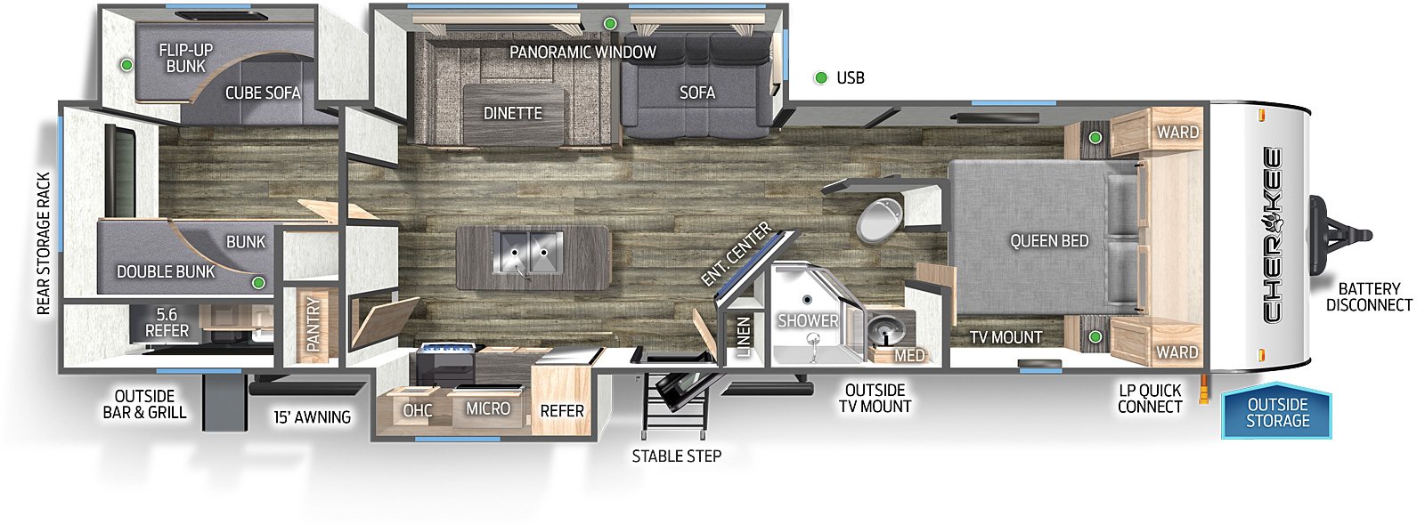 The 304BHBL has three slide outs and one entry door. Exterior features include a rear storage rack, outdoor bar and grill with refrigerator and sink, 15 foot awning, mid stable step entry, outside TV mount, LP quick connect, outside storage, and battery disconnect. Interior layout front to back: queen bed with overhead cabinets, wardrobes on either side, and a TV mount; door side aisle full pass-through bathroom with medicine cabinet; angled entertainment center along inner wall; off-door side slide out sofa, u-dinette, and panoramic window; kitchen island with sink; door side linen closet, entry, slide out with refrigerator, microwave, overhead cabinet, and cooktop stove, and pantry; rear bunkhouse with off-door side slide out containing a cube sofa and flip-up bunk, and door side bunks.