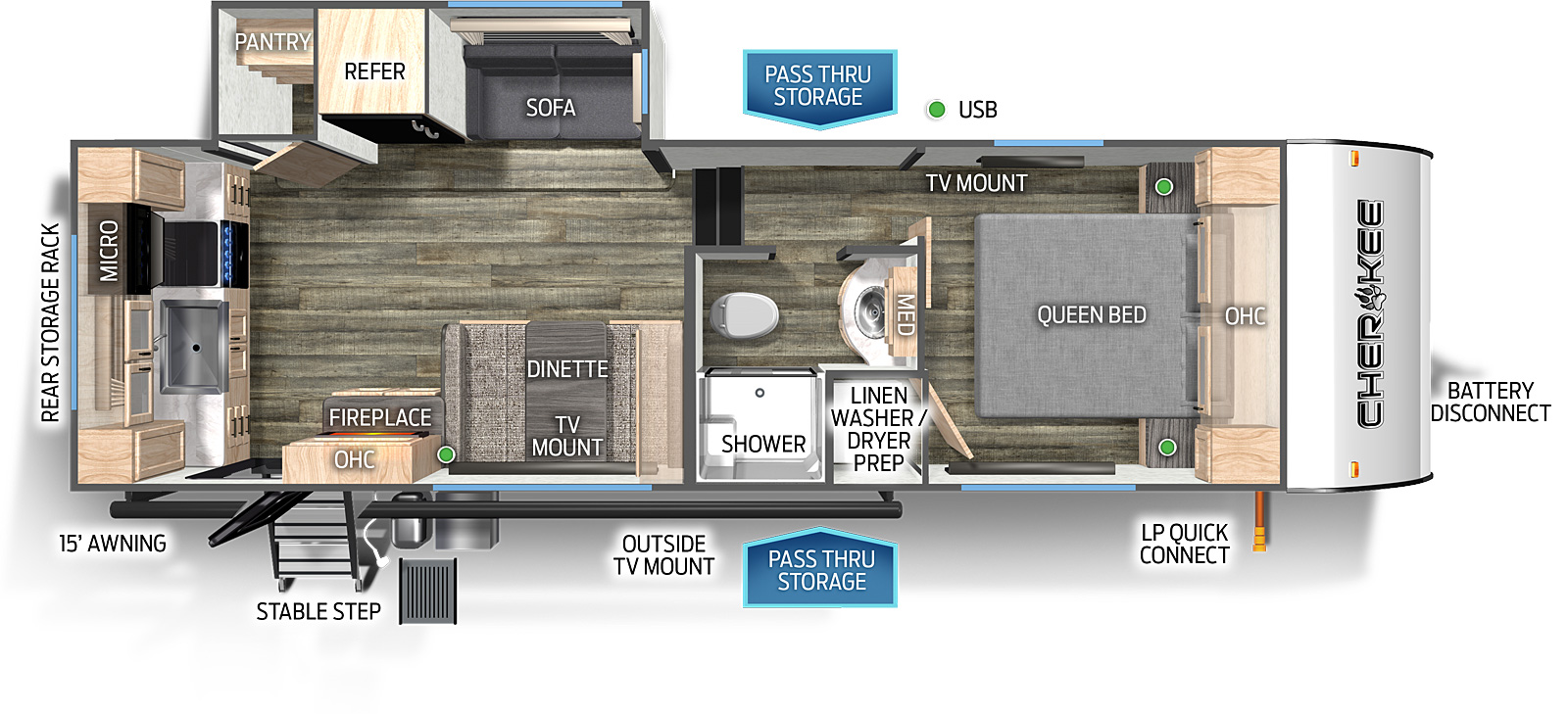 The 235MBBL has one slide out and one entry door. Exterior features include rear storage rack, 15 foot awning, stable step entry, outside kitchen, outside TV mount, LP quick connect, pass-thru storage, and battery disconnect. Interior layout front to back: queen bed with overhead cabinet, off-door side TV mount, and linen closet with washer/dryer prep; door side full bathroom with medicine cabinet; off-door side slide out with sofa, refrigerator and pantry; door side dinette with TV mount, overhead cabinet with fireplace below, and second entry; rear kitchen with overhead cabinet, sink, microwave and cooktop stove.