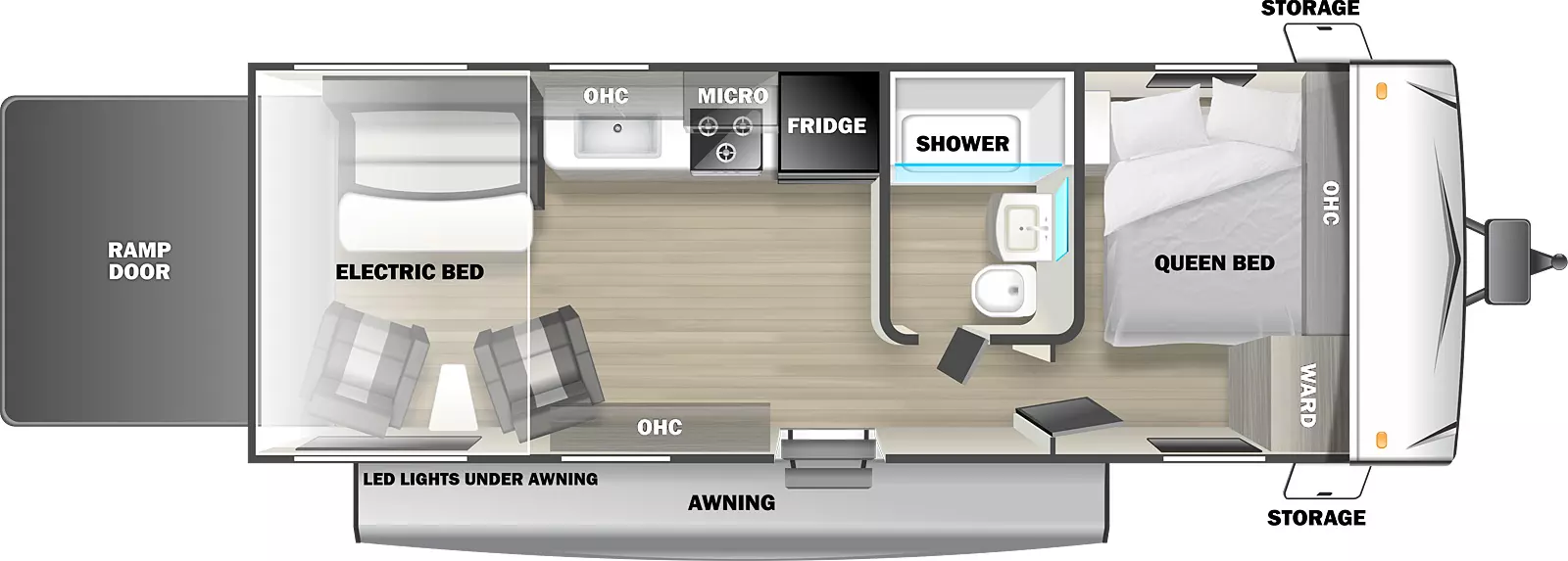 The Sandstorm 211SLC Toy Hauler has one entry door, a rear ramp door, and an electric awning. Pass through storage is near the front of the RV. The RV has 13 foot 4 inch cargo space. The entry door leads to a living area on the left and a hallway on the right. To the left of the overhead storage are two chairs with a table between them. A ramp door makes up the rear wall of the RV. Opposite the chairs is a flip sofa with a table. A kitchen area is to the right of the sofa. The kitchen has a countertop with a sink and a stove. Overhead storage is above the sink and a microwave is above the stove. A refrigerator is to the right of the stove. A hallway is to the right of the entry door. The hallway has a door on the left leading to the bathroom. The bathroom has a tub shower, a sink, and a toilet. Straight ahead in the hallway is a door leading to the bedroom. The night stand is in the rear off door corner of the bedroom. A queen bed is in the front off door corner. Overhead storage is above the bed. A wardrobe is in the front door side corner of the living room.