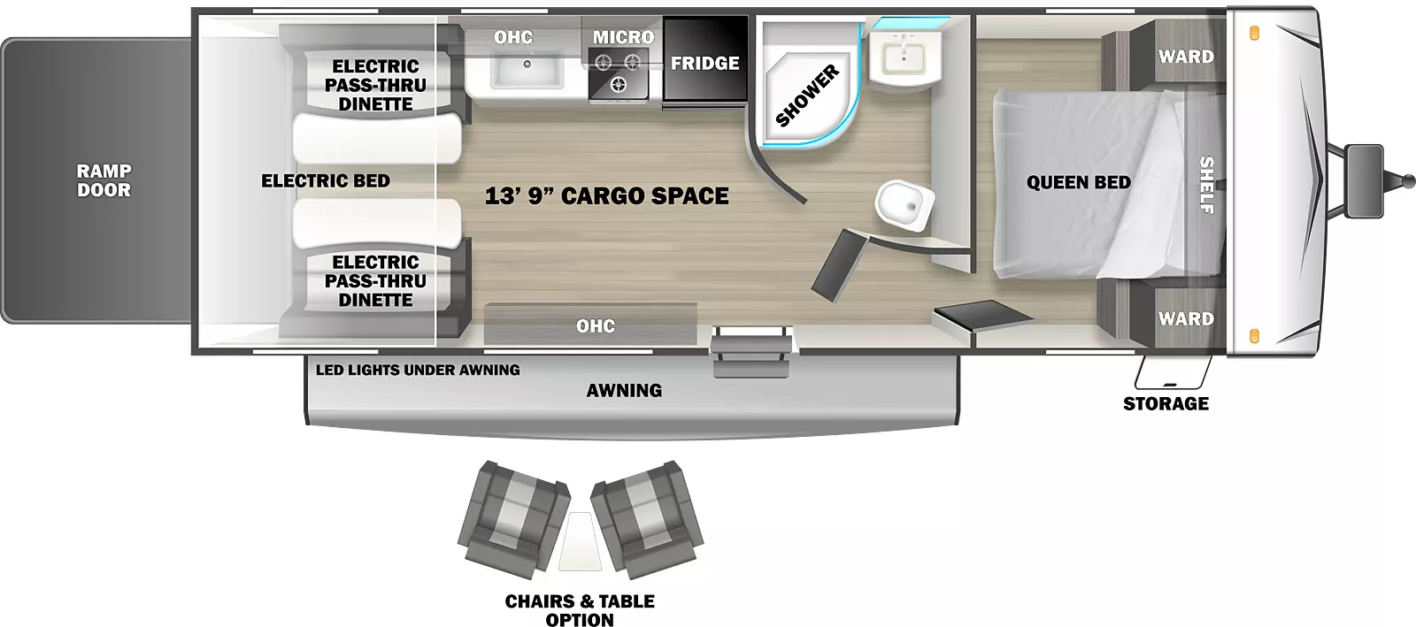 The 242SLC Toy Hauler has one entry door, a rear ramp door, and an electric awning. Storage access is available in he front door side exterior. The RV has a 13 foot 9 inch cargo space. The RV has a 13 foot 9 inch cargo area. The entry door leads to a living area on the left and a hallway on the right. Directly to the left of the entry door are overhead storage cabinets. A dinette and table are in the rear door side of the RV. A ramp door makes up the rear wall of the RV. A dinette and table are in the rear off door corner of the RV. A kitchen area is to the right of the off door side dinette. The kitchen has a countertop with a sink and a stove. Overhead storage is above the sink and a microwave is above the stove. A refrigerator is to the right of the stove. A hallway is to the right of the entry door. A door on the left leads to the bathroom. The bathroom has a shower, sink, and toilet. A door straight ahead in the hallway leads to the bedroom in the front of the RV. The bedroom has a queen bed with a shelf above it. Night stands and wardrobes are on the right and left of the queen bed.