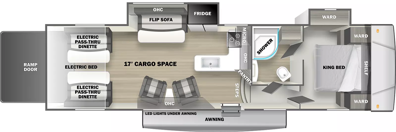 The Sandstorm 326GSLR is a toy hauler fifth wheel with one entry door, a rear ramp door, two slides on the off-door side, and 18' awning on the exterior. Inside, a walkaround king bed is located in the front of the unit, with wardrobe cabinets on either side and cabinets overhead.There is a slideout on the off-door bedroom wall that contains a wardrobe vanity. The bedrdoom has two doors, one into the bathroom and one into a short hallway with steps that opens to the main living area. The bathroom contains a sink, medicine cabinet, linen cabinet, commode, and glass radius shower. The kitchen countertop with sink, cooktop, and oven are located on the outside bathroom wall, with cabinets and a microwave mounted overhead. There is a pantry on the door side of the countertop. Next to the kitchen area on the off-door wall is a slideout containing a double door refrigerator and flip sofa with half dinette table and overhead cabinets. Additional overhead cabinets are mounted on the door side. A pair of upholstered chairs with small table between them are located underneath these cabinets.In the rear of the unit are two flip sofa benches, one on either side, with a split dinette table between them. These convert to a standard electric bed. This trailer provides 17' of interior cargo space.