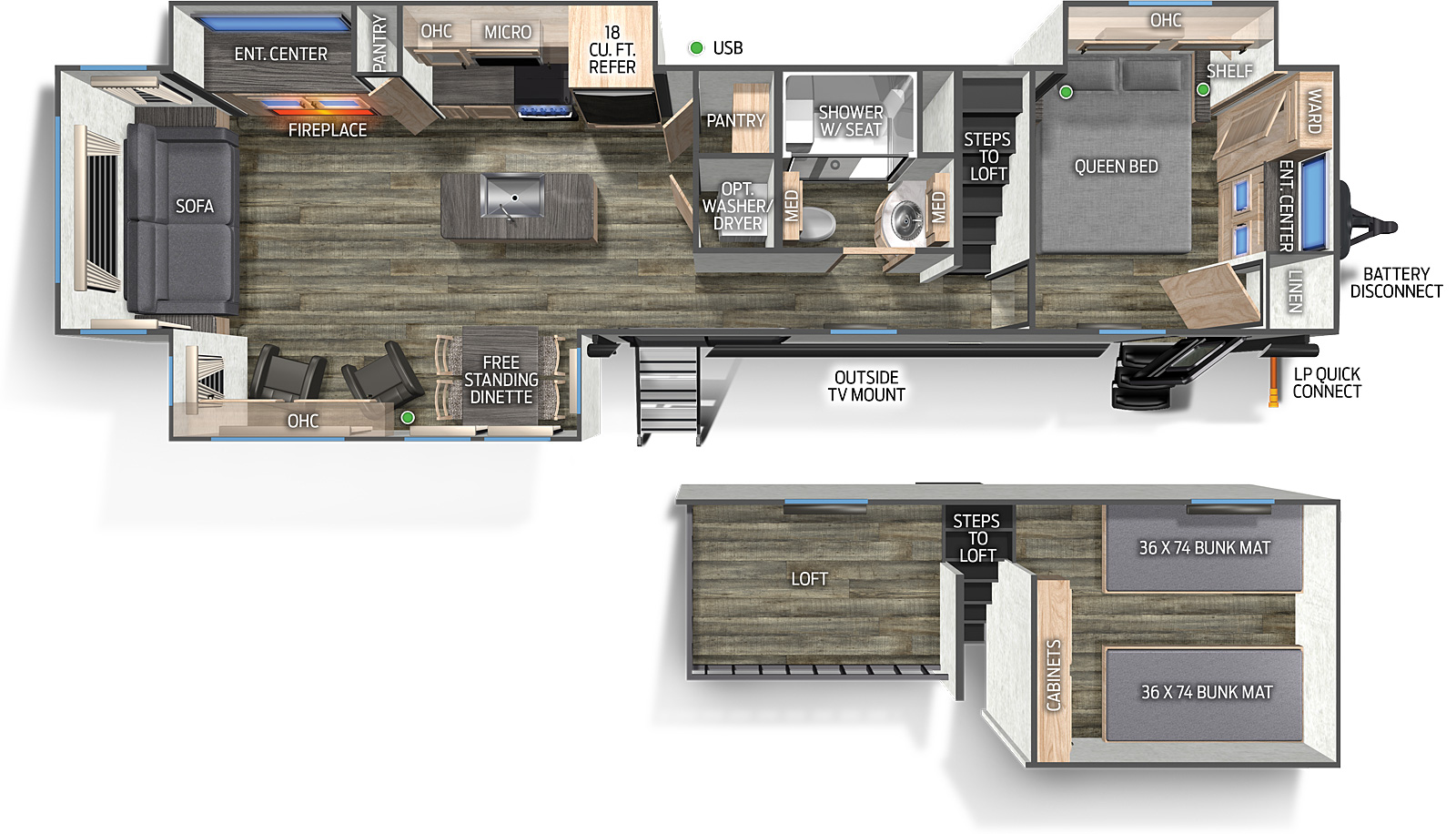 The 39DLBL has three slide outs and two entry doors. Exterior features include battery disconnect, LP quick connect, and outside TV mount. Interior layout front to back: front bedroom with off-door side queen bed slide out with overhead cabinets, front wall wardrobe, linen cabinet and entertainment center; stairs up to a loft over the bedroom with two bunk mats and cabinets, and a loft over the bathroom with railing over looking lower level; side aisle bathroom with two medicine cabinets and a shower with seat; sliding patio door entry; pantry and closet with optional washer/dryer prep along inner wall; off-door side slide out with 18 cubic foot refrigerator, microwave, overhead cabinet, cook top stove, pantry, and an entertainment center with fireplace below; kitchen island with sink; door side slide out with two chairs and overhead cabinets, and free-standing dinette; rear sofa.