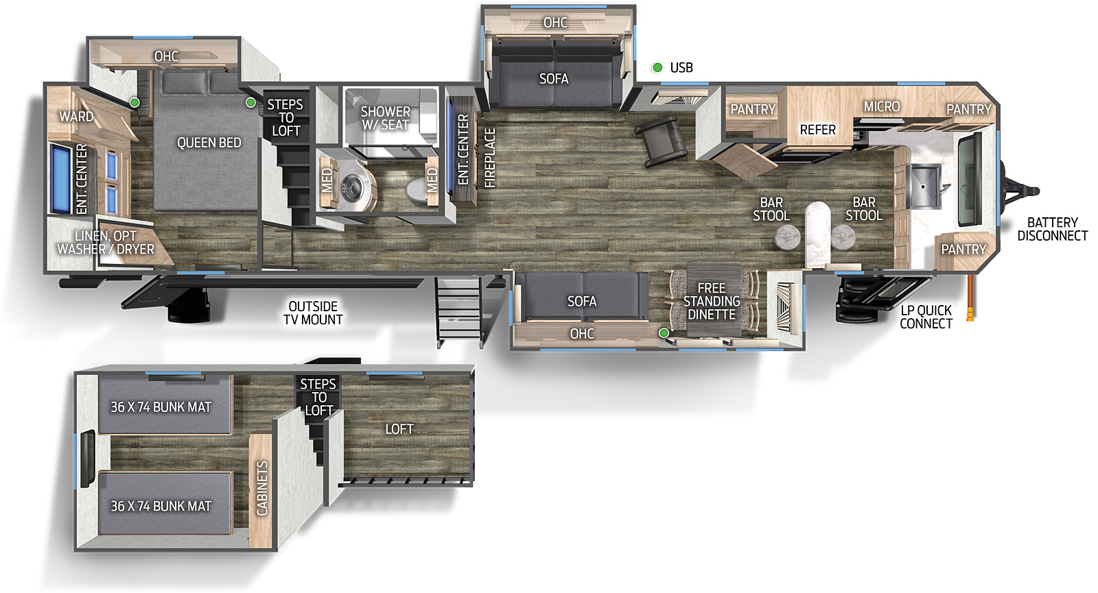 The 39LBBL has three slide outs and three entry doors. The exterior features a battery disconnect, LP quick connect, and outside TV mount. The interior layout front to back: a front kitchen with pantry, sink and countertop in the front that wraps to the off-door side with overhead cabinets, microwave, refrigerator and additional pantry; first entry and bar with bar stools on door side; off-door side slide out with sofa and overhead cabinet; front facing entertainment center with fireplace below along inner wall; door side slide out with free-standing dinette, sofa and overhead cabinets; sliding patio door entry; off-door side aisle bathroom with two medicine cabinets and shower with seat; stairs to a loft over the bathroom with railing looking down to living area and loft over rear bedroom with two bunk mats and cabinets; rear bedroom with off-door side queen bed slide out with overhead cabinets, rear wardrobe, entertainment center, and linen closet with optional washer/dryer, and third entry.