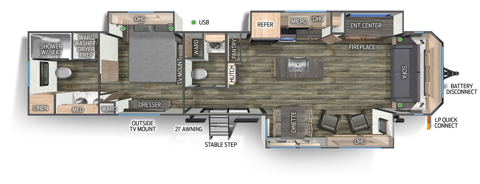 The 39NABL has 2 slide outs on the off-door side and 1 slide out on the door side. Exterior features include a sliding glass door with stable step, outside TV mount, 21 ft. awning, LP quick connect and front tongue battery disconnect. Interior layout from front to back includes: front wall rear facing sofa; door side slide out holding a free standing dinette and 2 recliners; off-door side slide out holding a refrigerator, overhead microwave and cabinet, stove top, pantry, entertainment center and fireplace; kitchen island with single basin sink; front facing hutch and pantry; off-door side bathroom with wardrobe, toilet, vanity and medicine cabinet; bedroom with off-door bed slide out with overhead cabinet, rear facing TV mount and dresser and wardrobe across from the foot of the bed; rear bathroom with shower w/seat, wardrobe with washer/dryer prep, linen storage and double vanity sink with medicine cabinet.