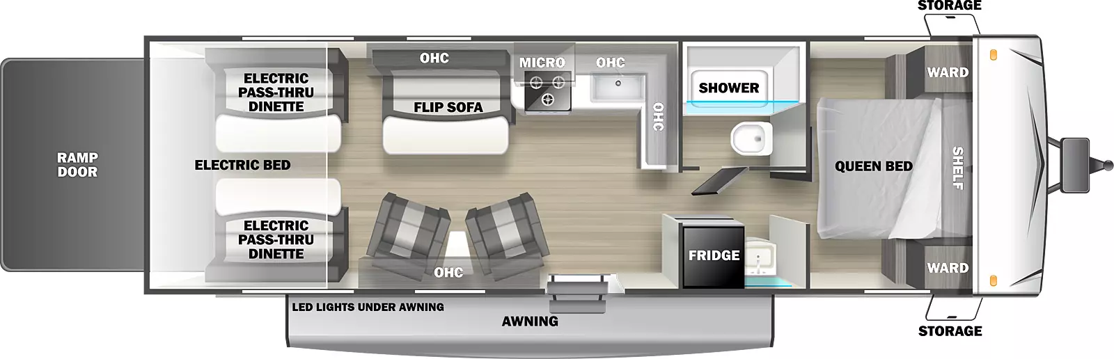 The Shockwave 25RQMX is a toy hauler trailer with one entry door, a rear ramp door, front storage, and 16' awning on the exterior. Inside, a walkaround RV queen bed is located in the front of the unit, with wardrobe cabinets on either side and a shelf overhead. Just outside the bedroom door is a sink on the door side with the refrigerator next to it. Across from the sink and refrigerator is the bathroom with tub shower and commode. In the main living area, the kitchen is located on the off-door side with an L-shaped countertop, sink, cooktop and oven, with cabinets and microwave mounted overhead. Additional overhead cabinets are mounted on the off-door side, with a pair of upholstered chairs and small table located underneath. Across from the chairs on the off-door side is a flip sofa and half dinette table. In the rear of the unit are two flip sofa benches, one on either side, with a split dinette table between them. These convert to a standard electric bed. This trailer provides 14' 4" of interior cargo space.