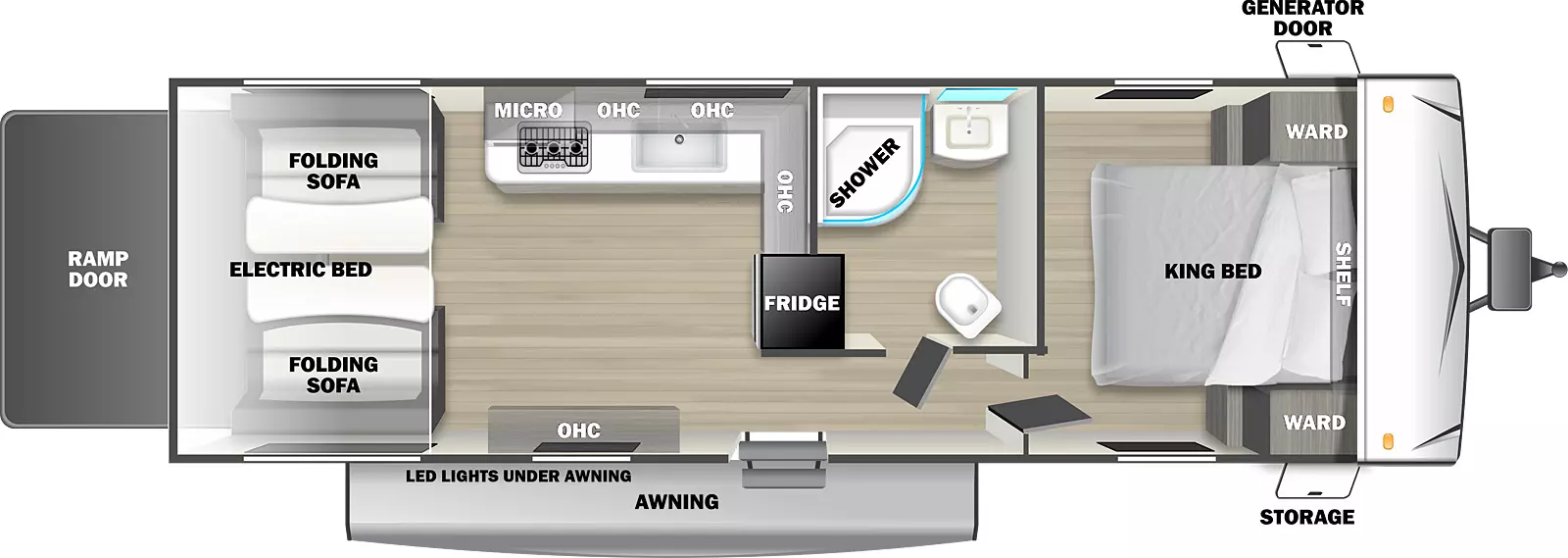 The FS2513GLE has zero slideouts and one entry. Exterior features front storage, generator, fuel station, and rear ramp door. Interior layout front to back: king bed with shelf above and wardrobes on both sides; off-door side full bathroom; entry door and door side overhead cabinet; refrigerator, overhead cabinet and kitchen counter wrap from interior wall to off-door side with sink, microwave and cooktop; rear standard electric bed, electric pass through dinettes on each side. Interior Dimensions: 13 foot cargo space; 77" from door side to kitchen counter.