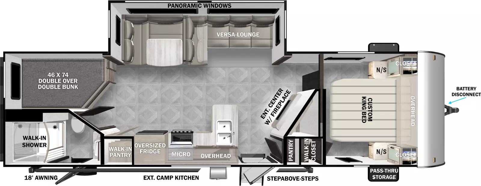 The 26DBUD has two entries and one slideout. Exterior features front pass-through storage, battery disconnect, exterior camp kitchen, StepAbove main entry steps, and 18 foot awning. Interior layout front to back: custom king bed with overhead cabinet and closet with night stand on each side, and walk-in closet; angled entertainment center with fireplace along inner wall with pantry and entry door; off-door side slideout with versa lounge dinette and panoramic windows; peninsula kitchen counter with sink wraps to door side with overhead cabinet, microwave, cooktop, oversized refrigerator, and walk-in pantry; rear off-door side double over double bunk beds; rear door side full bathroom with walk-in shower and second entry.