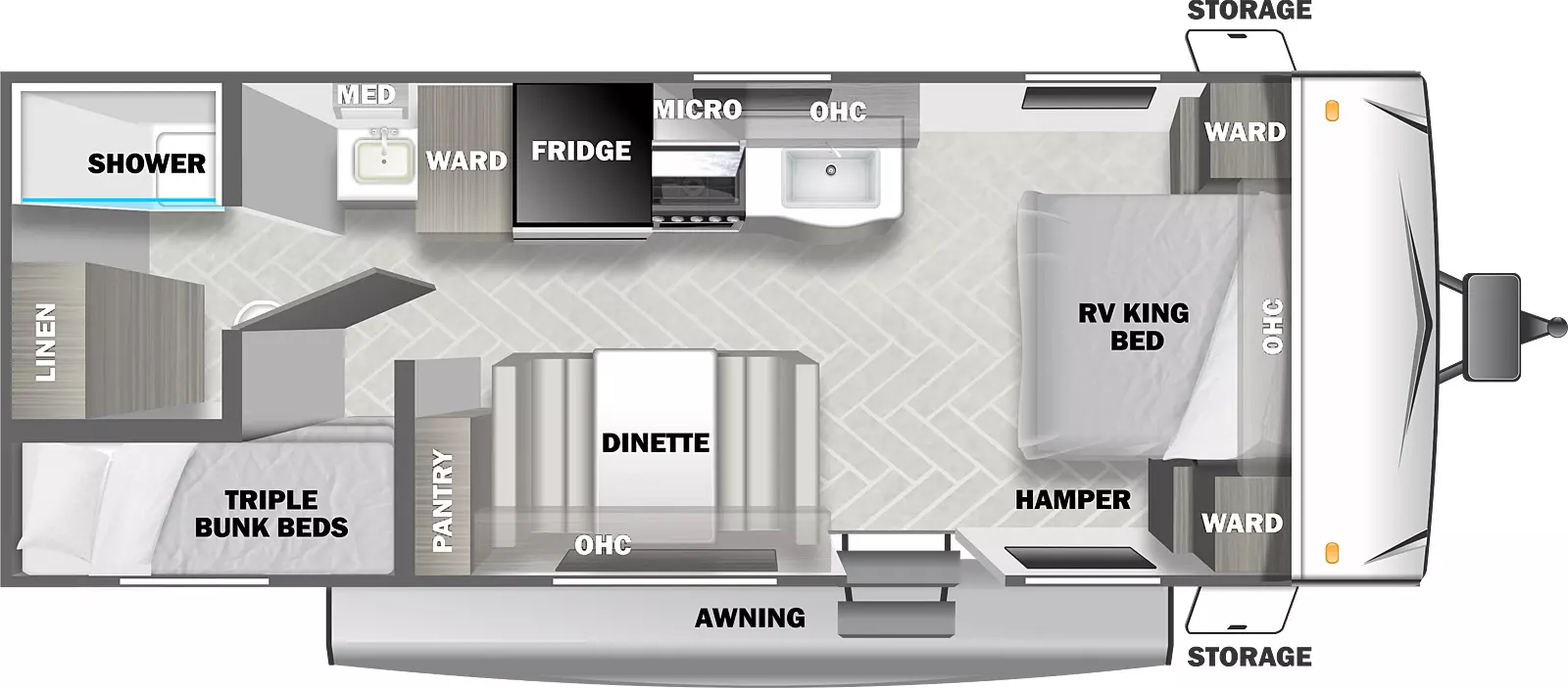 The T2250 has zero slide outs and one entry. Exterior features front storage, and an awning. Interior layout front to back: RV king bed with overhead cabinet, wardrobes on each side, and hamper on door side; off-door side kitchen counter with sink, overhead cabinet, microwave, cooktop, refrigerator, wardrobe, and bathroom sink with medicine cabinet; door side entry, dinette with overhead cabinet, and pantry; rear off-door side bathroom with shower, toilet, and linen closet only; rear door side triple bunk beds.
