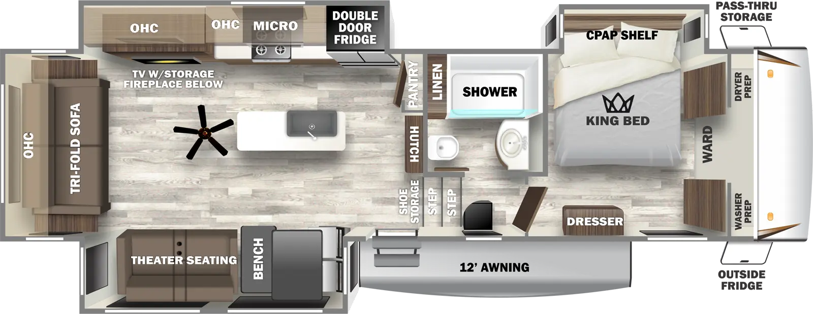 The 32GKS has three slideouts and one entry. Exterior features pass-thru storage, outside refrigerator, and 12 foot awning. Interior layout front to back: front wardrobe with washer prep and dryer prep, off-door side king bed slideout with CPAP shelf, and door side dresser; off-door sidefull bathroom with linen closet; two steps down to main living area with shoe storage, entry door, and hutch and pantry along inner wall; off-door side slideout with refrigerator, microwave, kitchen counter with cooktop, overhead cabinet, and TV with storage and fireplace below; kitchen island with sink, and paddle fan; door side slideout with dinette with two chairs and bench seating, and theater seating; rear tri-fold sofa with overhead cabinet.