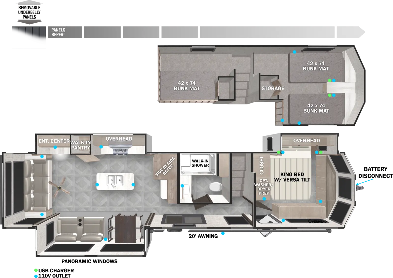 The 42DL has three slideouts and two entries. Exterior features include a 20 foot awning, battery disconnect, and removable underbelly panels. Interior layout front to back: off-door side versa-tilt king bed slideout with overhead cabinets, closet with optional washer/dryer prep along inner wall, and door side entry; stairs to loft area; loft area above bedroom with two bunk mats and storage, and loft area above bathroom with bunk mat; full bathroom with walk-in shower; patio door entry; side-by-side refrigerator along inner wall; kitchen island with sink; off-door side slideout with kitchen overhead cabinets, walk-in pantry and entertainment center; door side slideout with dining, seating and panoramic window; rear seating. 