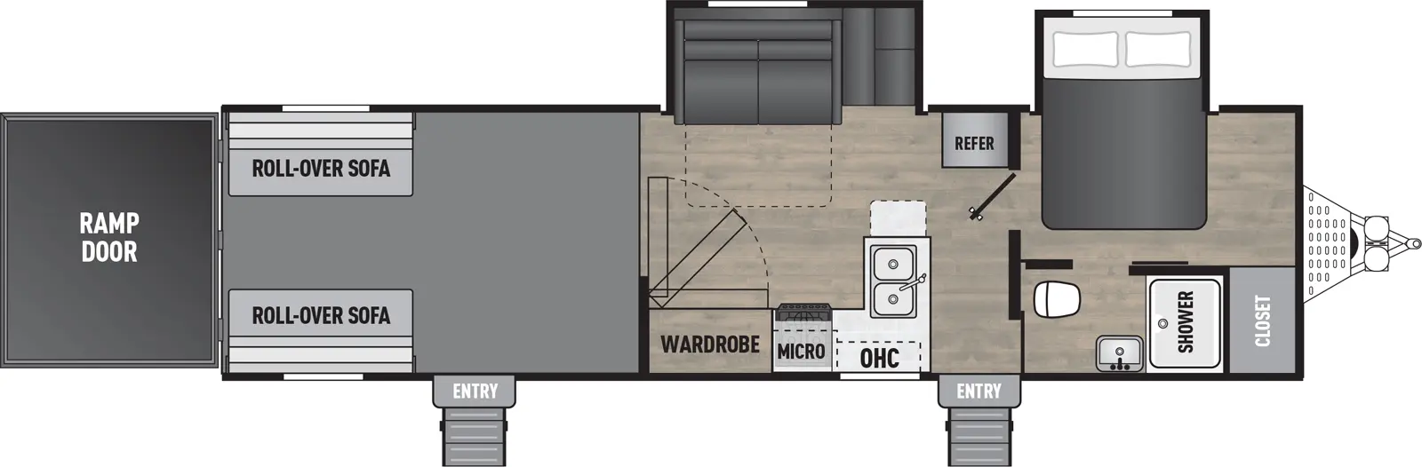 The 30GS has two slideouts, two entries, and a rear ramp door. Interior layout front to back: front off-door side bed slideout, and door side closet and full pass-through bathroom; off-door side refrigerator and slideout with seating; door side entry, peninsula kitchen counter with sink, overhead cabinet, microwave, cooktop and hidden wardrobe; rear garage with second entry, opposing roll-over sofas, and rear ramp door.