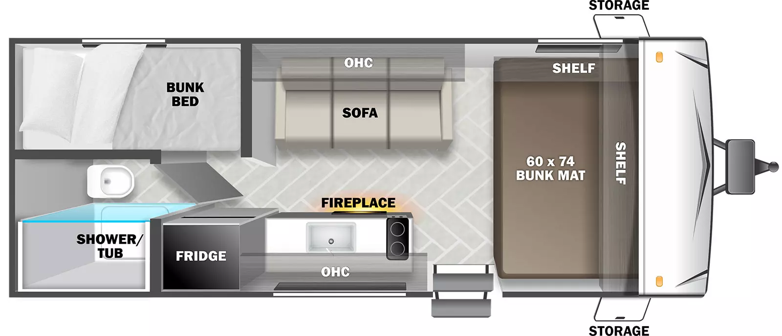 The T175BHCE has no slide outs and 1 entry door. Interior layout from front to back: front 60 x 74 bunk mat with shelves above; off-door side sofa with overhead cabinet; door side kitchen with sink, refrigerator, fireplace, overhead cabinet and stove top; rear door side bathroom with shower/tub and toilet; and rear off-door side bunk bed.