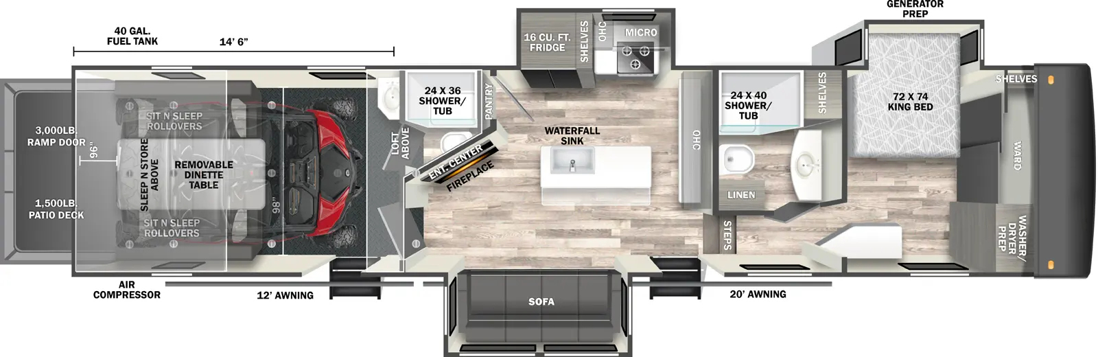 The Sandstorm 4015GX floorplan is a toy hauler that has one entry and three slide outs. Exterior features include: fiberglass exterior and 12' & 20' awning. Interiors features include: loft, kitchen island, front bedroom and bathroom and a half.