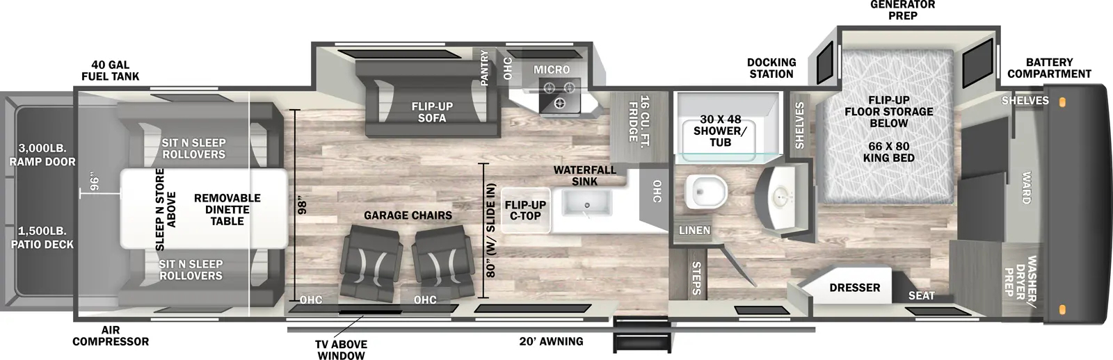 The Stealth 3216GX floorplan is a toy hauler that has one entry and two slide outs. Exterior features include: fiberglass exterior and 20' awning. Interiors features include: front bedroom.