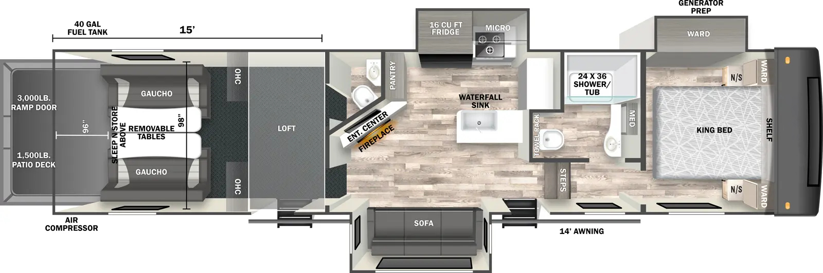 The Stealth 3715GX floorplan is a toy hauler that has two entries and three slide outs. Exterior features include: fiberglass exterior. Interiors features include: loft, front bedroom and bathroom and a half.