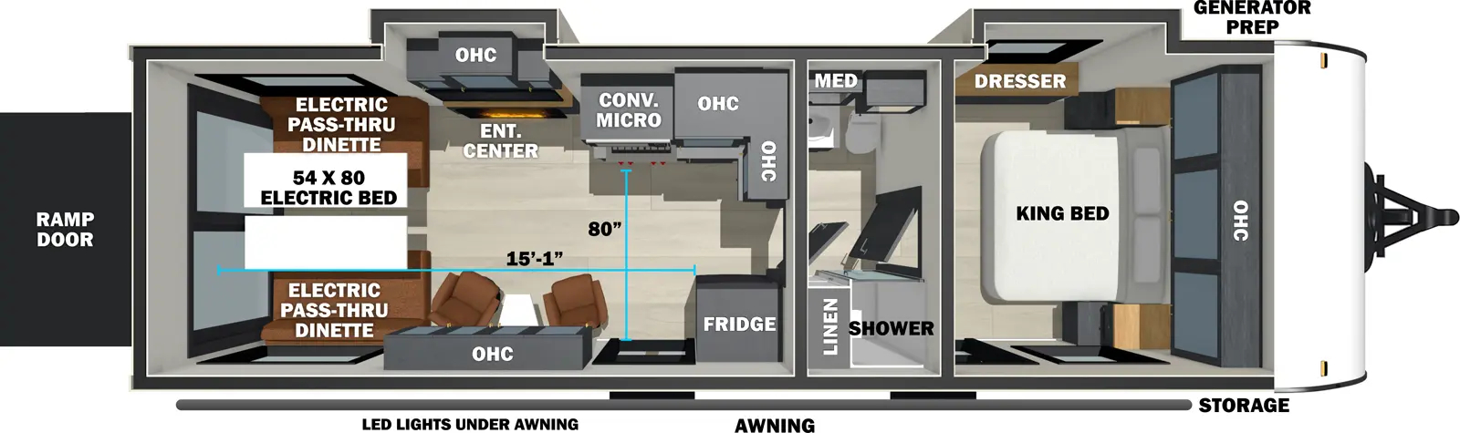 The Stealth 2600 floorplan is a toy hauler that has two entries and two slide outs. Exterior features include: fiberglass exterior. Interiors features include: front bedroom and pass through bathroom.