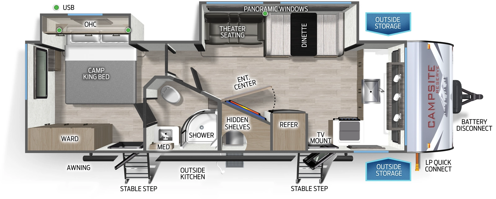 The Campsite Ultra 26BW floorplan has two entries and two slide outs. Exterior features include: fiberglass exterior and outside kitchen. Interiors features include: front kitchen and rear bedroom.