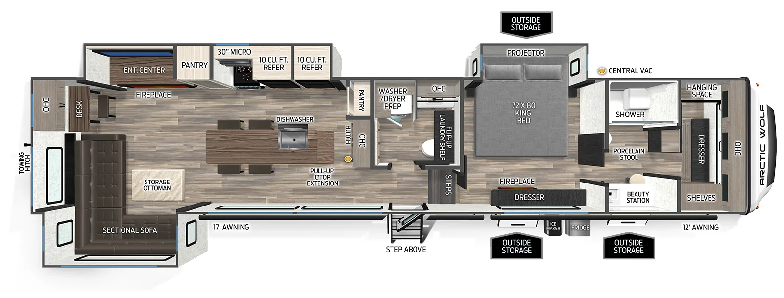 The Arctic Wolf 38LEAH.G floorplan has one entry and three slide outs. Exterior features include: fiberglass exterior and 15' & 15' awning. Interiors features include: kitchen island, rear living and bathroom and a half.