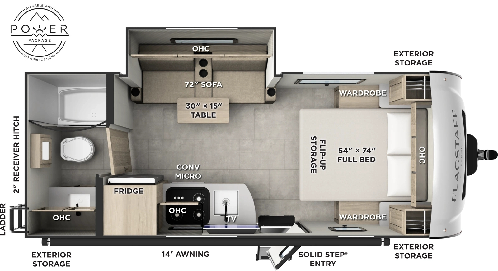 The Flagstaff E-Pro E20FBS floorplan has one entry and one slide out. Exterior features include: fiberglass exterior and 14' awning. Interiors features include: front bedroom and rear bathroom.