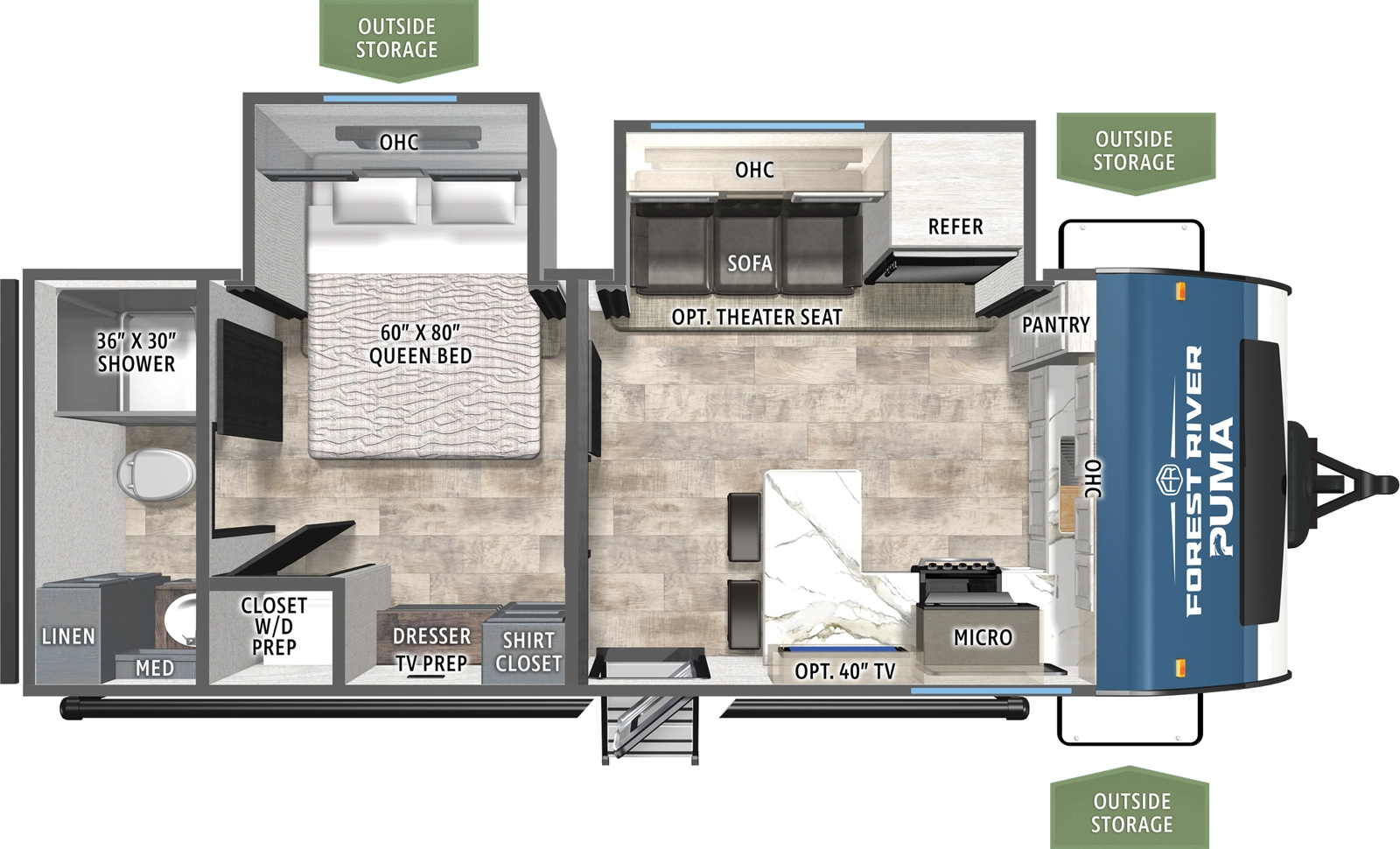 The Puma 220FK floorplan has one entry and two slide outs. Exterior features include: metal exterior. Interiors features include: front kitchen and rear bathroom.