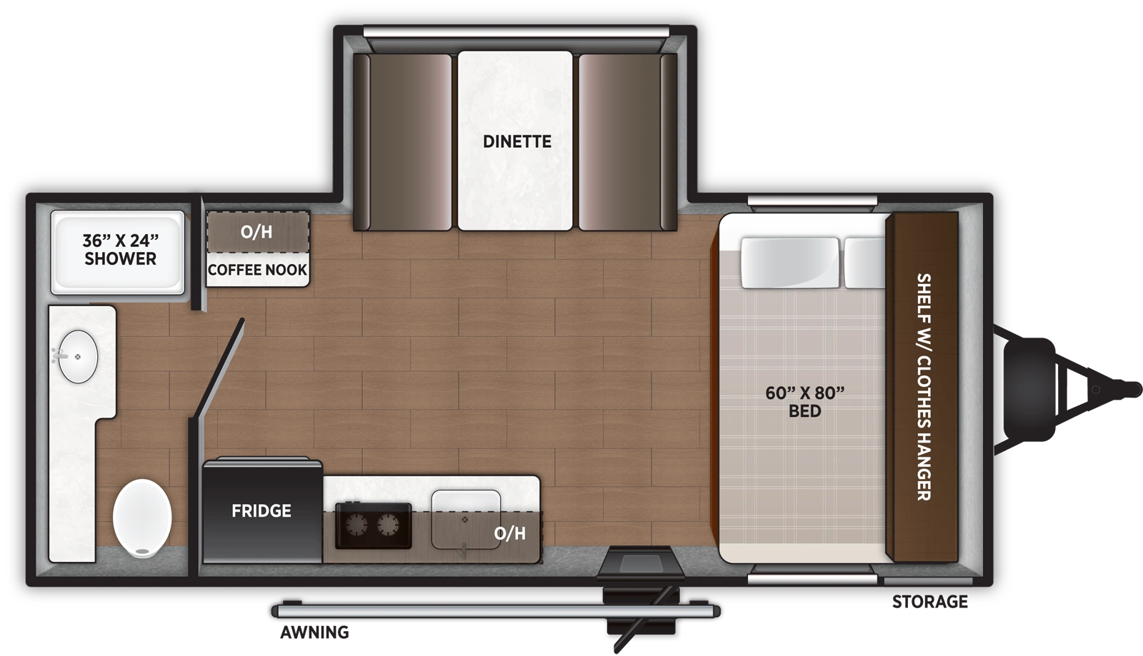 The Airelume 172 floorplan has one entry and one slide out. Exterior features include: metal exterior and 15' awning. Interiors features include: front bedroom and rear bathroom.