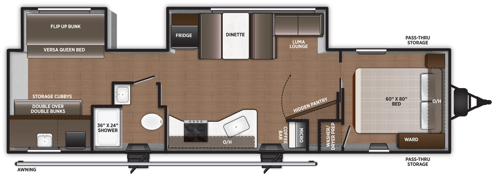 The Airelume 325 floorplan has two entries and two slide outs. Exterior features include: metal exterior, 18' awning and outside kitchen. Interiors features include: bunk beds and front bedroom.