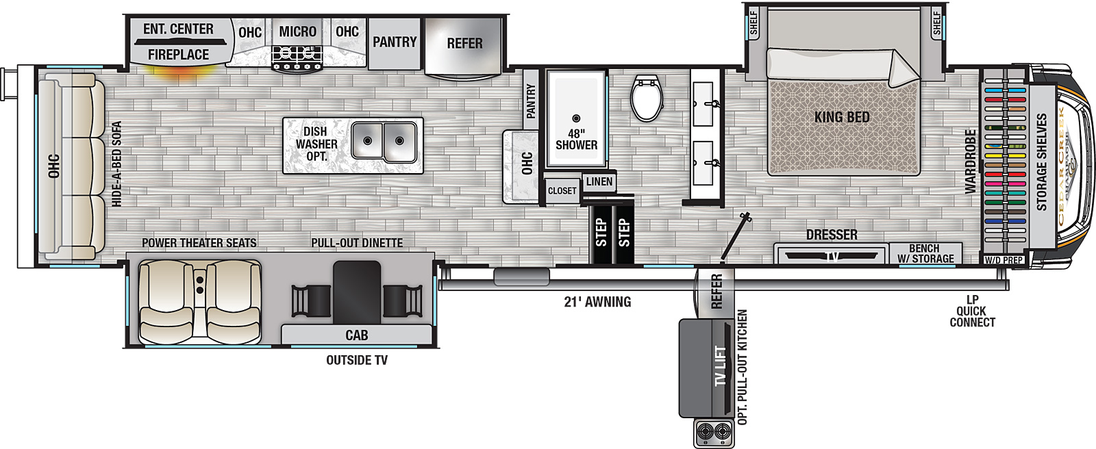 The 38EL has three slides, two on the off-door side and one on the door side. The bedroom is located at the front of the unit, and includes a king bed, dresser, wardrobe, TV, and a bench with additional storage. The bathroom features a unique two-faucet sink with large vanity, linen closet, commode, and walk-in skylight shower with seat. The central island kitchen offers an optional dishwasher and includes a huge refrigerator, pantry, microwave, stovetop and oven, plus a pull-out dinette. At the rear of the unit is a hide-a-bed sofa, power theater seats, and an entertainment center with TV and fireplace. This floorplan also offers an exterior TV plus an optional pull-out outside kitchen with a refrigerator, cooktop, and lift TV.