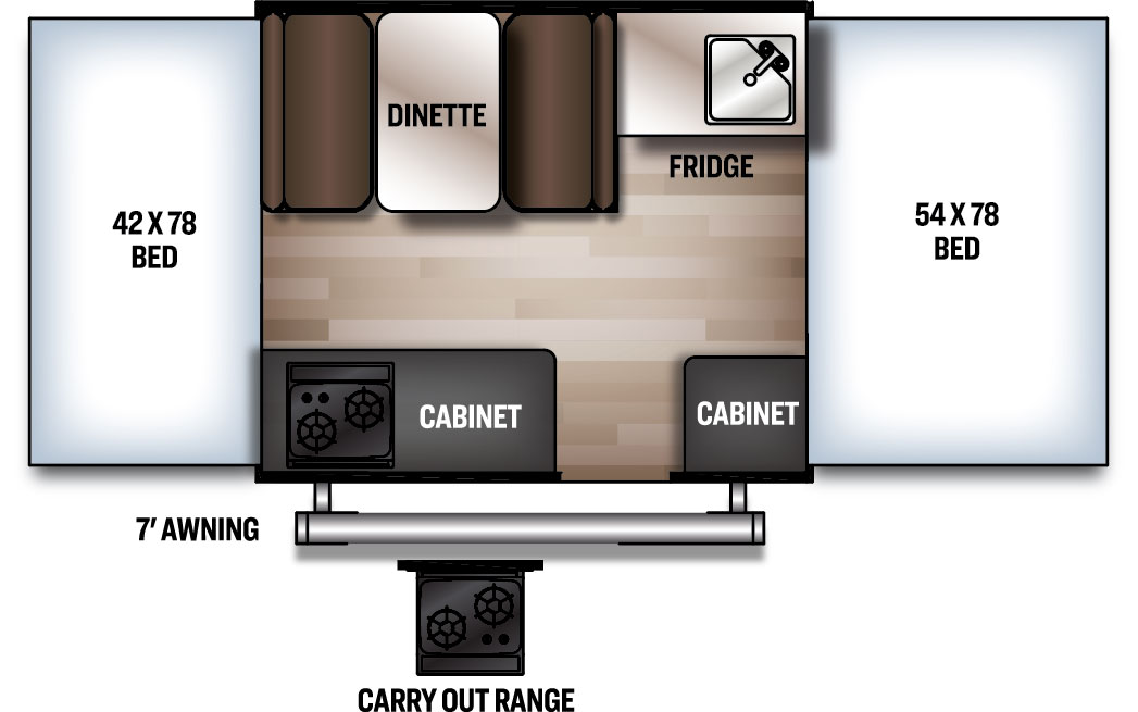 The 1640LTD has no slide outs and one entry door. Exterior features include a 7 foot awning and a carry out range; Interior layout from front to back: tent bed; kitchen area with sink, refrigerator, dinette, two cabinets, and a door top stove; rear tent bed.