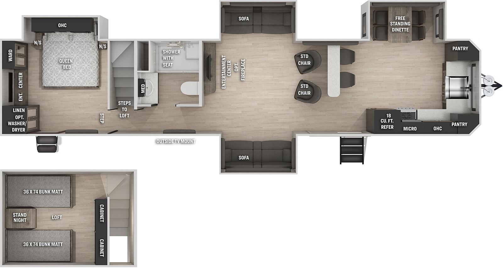 The 39SR has four slide outs, three on the off-door side and one on the door side along with two entry doors on the door side. The interior features from front to back: a front kitchen with countertops wrapping around the front wall and door side; a off-door side slide out in the kitchen with a free standing dinette; bar with two chairs; living area with opposing wall slide outs each containing a sofa; two rear facing chairs across from an entertainment center with optional fireplace; side aisle bathroom; steps to a loft that is furnished with two bunk mats and a night stand; and a rear bedroom with queen bed slide out and exterior door access.