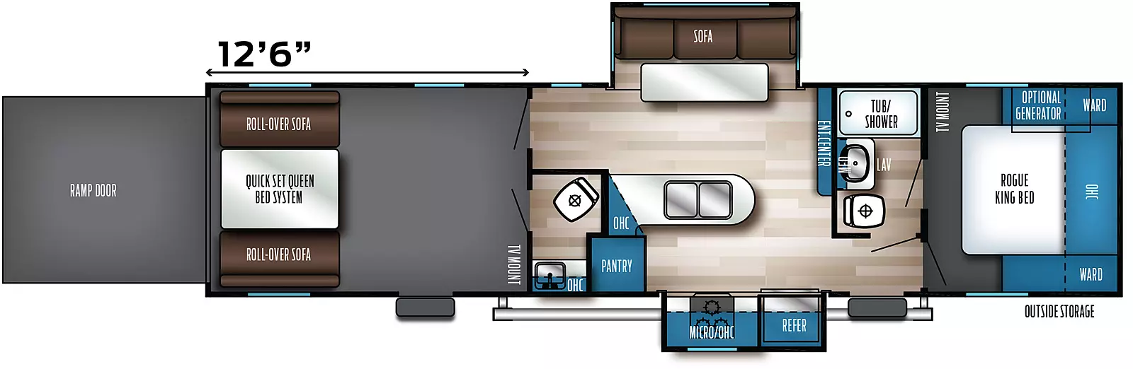The 32SUT has two slideouts and two entries. Exterior features outside storage, optional generator, and rear ramp door. Interior layout front to back: foot facing rogue king bed with overhead cabinet, and wardrobes on each side, and off-door side TV mount; off-door side full pass through bathroom with medicine cabinet; entry door; entertainment center along inner wall; off-door side slideout with sofa and table; door-side slideout with refrigerator, and kitchen counter with cooktop, microwave and overhead cabinet; door side pantry and peninsula kitchen counter with overhead cabinet and sink along inner wall; rear garage with second entry, half bathroom, TV mount, and rear opposing roll-over sofas with quick set queen bed system. Garage dimensions: 12 foot 6 inches from rear to main living area.