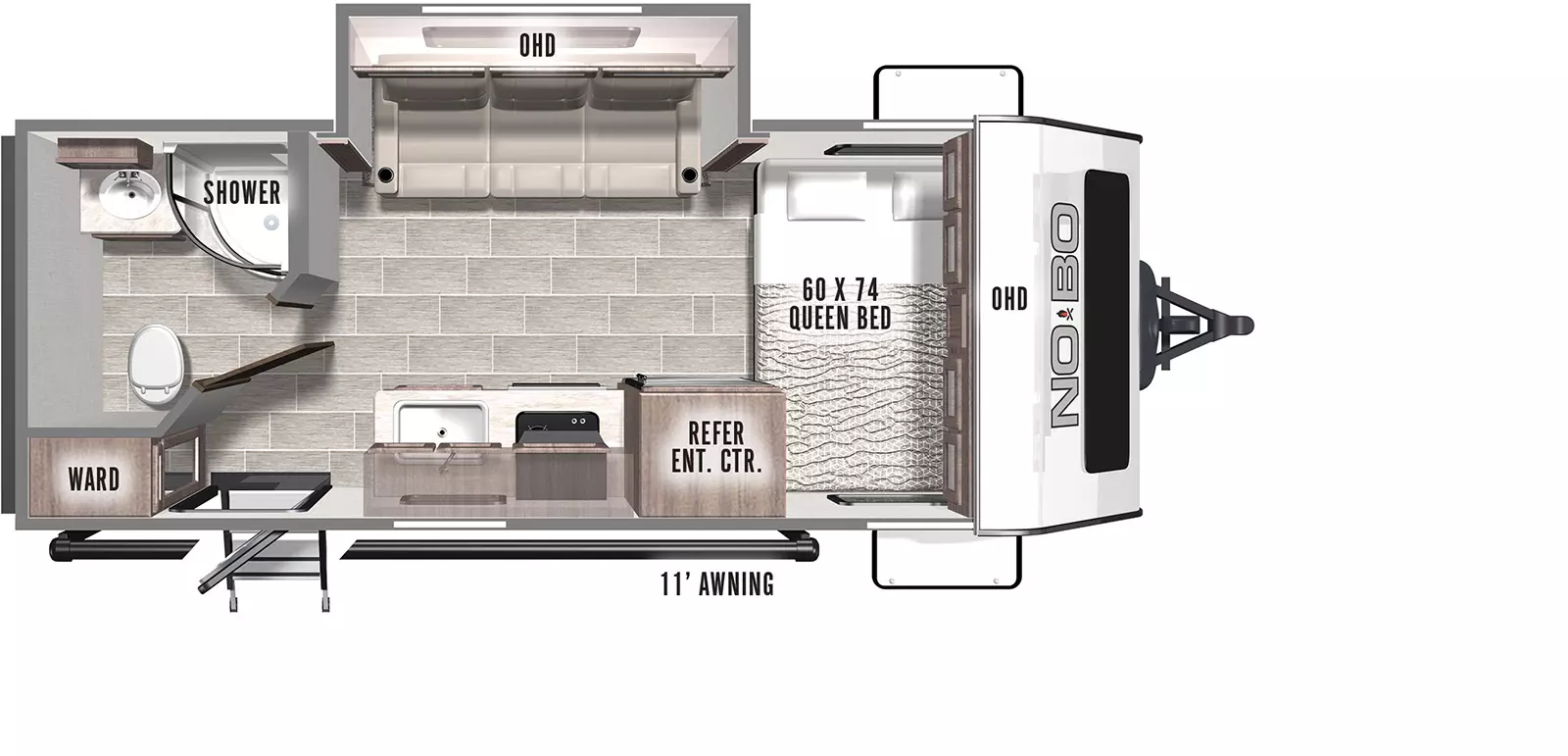 The NB 16.8 has one slide out on the off-doorside and one entry door. There is an 11 foot awning on the door side starting at the rear. The interior is an open concept with: a 60 x 74 side-facing queen bed in the front; a slide out on the off-doorside containing a sofa and overhead cabinet; a kitchen counter on the door side with a single basin sink, cooktop, refrigerator/entertainment center; and a rear bathroom with corner shower, medicine cabinet, single vanity sink and toilet . 