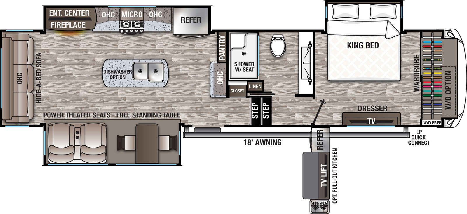 The 37MBH-DSO has 3 slide outs, 2 on the off-door side and 1 on the door side, with 1 entry door. Exterior features include an 18 foot awning, optional pull-out kitchen that includes a refrigerator, TV lift and stovetop and LP quick connect. Interior layout from front to back include: front bedroom with king bed in an off-door side slide out, front wall wardrobe, optional washer/dryer and washer/dryer prep, dresser and TV across from bed; off-door side bathroom in upper deck with shower w/seat, toilet, linen storage and sink; living/dining/kitchen area on lower level; off-door side slide out holding an entertainment center, fireplace, overhead cabinets, stovetop, overhead microwave and refrigerator; kitchen island with double basin sink and optional dishwasher; door side slide out with 2 power theater seats and free standing table with 2 chairs; and a hide-a-bed sofa on the rear wall.