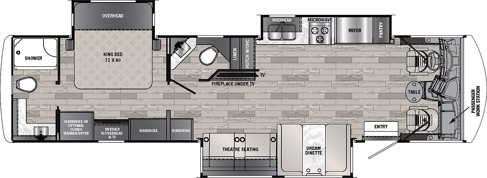 The 34H5 is a 3 slide out floorplan; 2 off-door side, 1 door side.   Interior front to back; Cab with table, passenger work station.  Off-door side slide out; kitchen with pantry, refrigerator, microwave, overhead.  Off-door side; hutch with overhead cabinet, TV, Fireplace under TV, Lav with linen.  Off-door side 2nd slide out; king bed 72x80, overhead cabinet.  Full bath with shower in rear of coach.  Door side slide out; booth dinette, theater seating.  Door side;  wardrobe, dresser with overhead & TV, Wardrobe optional combo washer/dryer.