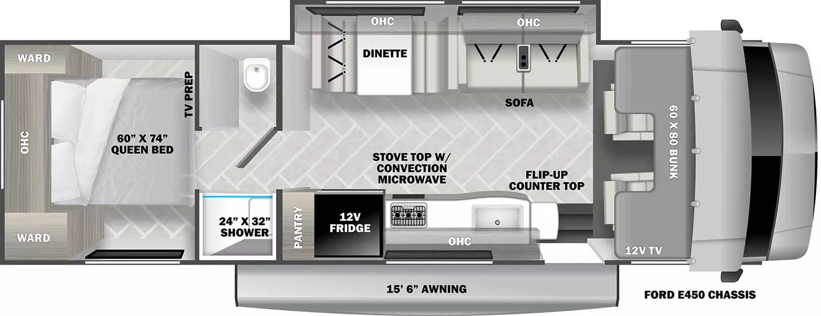 The 2851SLE has 1 slide out on the off-door side. Exterior features include a 15 ft. 6 in. awning and it is built on a Ford E-450 chassis. Interior layout from front to back includes: front 60 x 80 cab over bunk; off-door side slide out holding a dinette, overhead cabinet and sofa; door side kitchen with pantry, 12V refrigerator, stovetop with microwave, sink, overhead cabinet and flip-up countertop extension; walk-through bathroom with toilet and 24 x 32 shower; rear bedroom with foot-facing 60 x 74 Queen bed, overhead cabinet and opposing side eardrobes.